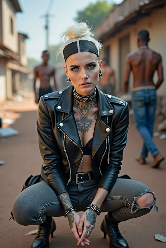 russian milf woman, grey hair (pouf, shaved sides and top bun and shaved sides) and wide colourful bandana as headband, with very light blue eyes, extremely pale. Wearing cropped black moto jacket with studded collar, lots of zippers and pins, black push up bra with white seams , dark skinny blue jeans with holes in knees and dirty white tennis sneakers . Studded Choker. Lots of metallic bracelets and collars. Tacky wide studded leather belt with oversized skull and bones buckle. Long bohemian earrings with feather. Kneeling like in a payer, looking at the camera, humble facial expression. Hands on her knees, showing off bracelets and rings. studded black leather tote bag with chains on the floor, next to her..  Listening in amazement to somebody speaking to her, toned six pack abdominals, thin neck, slim legs and thin arms. Tattoed heavily.  Dirt street in Kenian village full of waste. A lot of tanned shirtless men in jeans around looking at her. next to her, all her belongings scattered on the floor: makeup kit, little makeup mirror, studded black leather tote bag, lipstick, wallet, moble etc on the floor