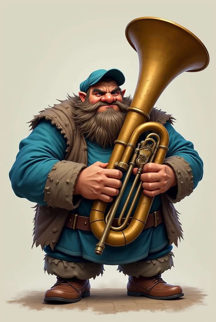 Grumpy dwarf with tuba sousaphone instrument and blue clothes and hat 
