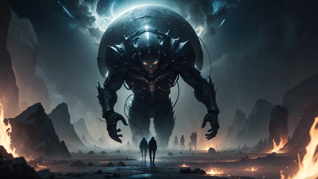 A detailed space photo, a boy being hunted by demons, (best quality, masterpiece, detailed, 8k, hyperrealistic, hyper detailed, photorealistic, cinematic lighting, dramatic lighting, award winning, stunning, epic, breathtaking, awe-inspiring), dark fantasy, horror, moody, intense, dramatic, chiaroscuro lighting, dramatic shadows, cinematic composition, highly detailed, (Theeihu watermark)