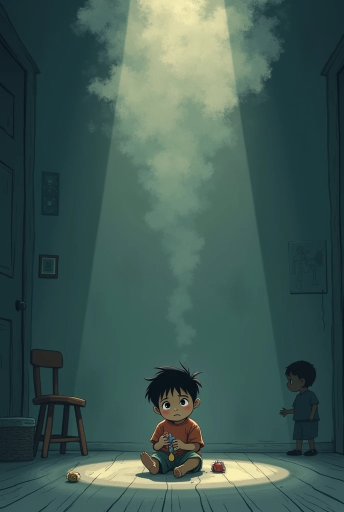 Create an illustration that represents the concept 'Anxiety is a more common disorder in children.' The image should depict a young child sitting alone in a room, appearing worried or anxious. The room is dimly lit, highlighting the child's emotions. Surround the child with abstract shapes or shadowy figures symbolizing anxiety. Use a soft color palette to convey a sense of unease and vulnerability. The child might be holding a small toy for comfort, and the overall atmosphere should balance the innocence of childhood with the heaviness of anxiety.