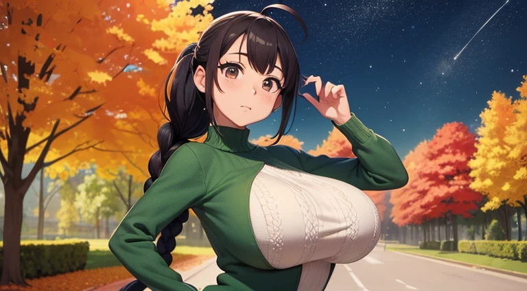 ((masutepiece)), ((Best Quality)), (Ultra-detailed), ((kawaii)), Cute, (lovely), ((Sexy)), (Ero), ((Extremely detailed)), 4K, (8K), Best Quality, (Beautiful), green pasture, Starry sky, Autumn, Pretty women, Solo,summer sweater,Slim Jeans, Beautiful black hair, Beautiful brown eyes, ((Beautiful eyes)),large braid ponytail,Ahoge, super huge breast, Cool
