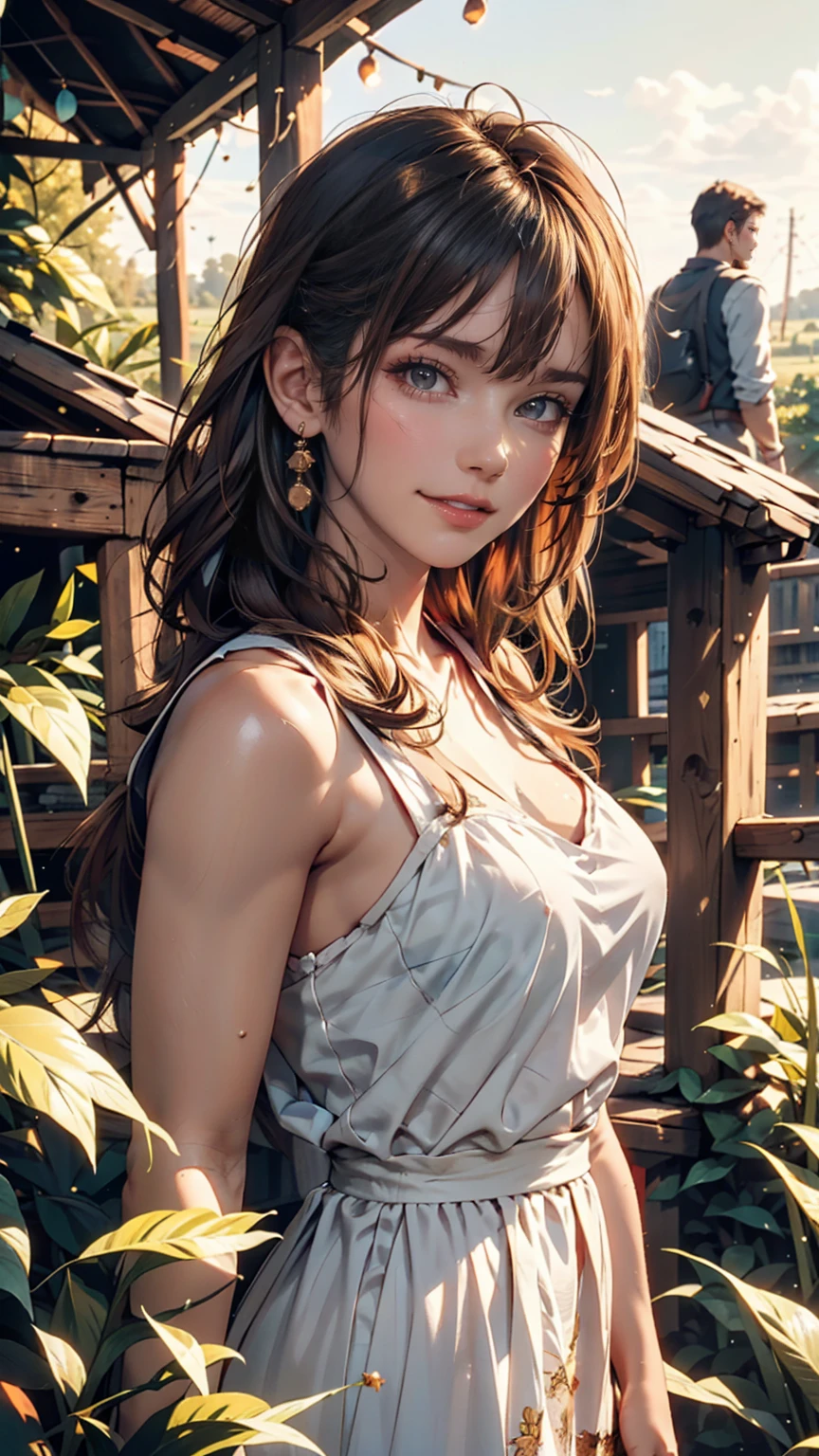 One person, 20-year-old, Tall and attractive, Wearing a cute country dress, Braided hair, Standing on a rural farm. She's gentle, A kind smile and expressive eyes. A charming barn can be seen in the background., Golden wheat fields and clear blue skies. The composition should be bathed in warm golden hour light., The soft depth of field and soft bokeh accentuate the idyllic tranquility.. Capture images that look like they were shot on vintage 35mm film for added impact, movie,