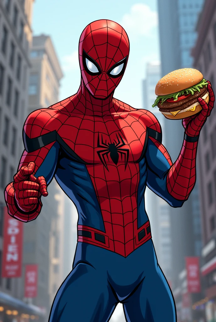 The spider man, marvel superhero, holding a hamburger