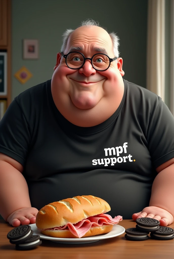white male, baldie, fatter, cheeky, wrinkled face, Large belly, with glasses, eating baguette bread with ham with several Oreo cookies on a table, wearing a black shirt with the word written on it "MPF SUPPORT" In Portuguese.