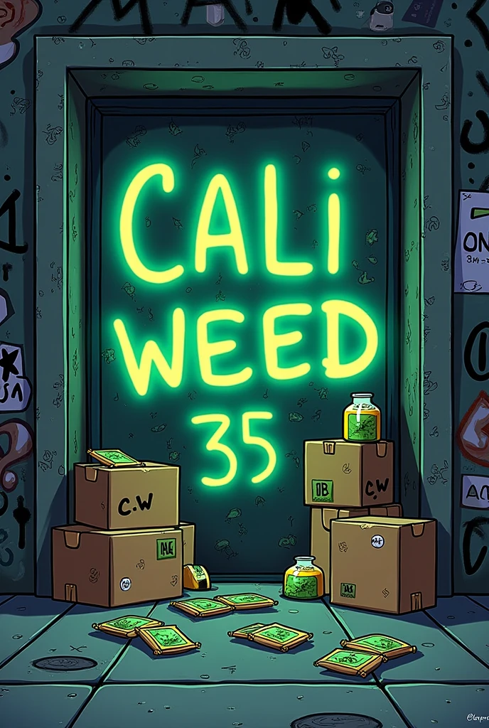 springfield la nuit avec un mur ou il y'a tagé Cali Weed35 avec avec des boites marron de weed ou il y'a ecrit C.W et sur les boites marron des petits sachets de canabis en cartoon