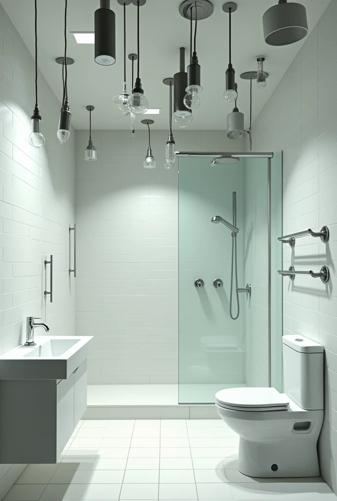 Create a picture of a bathroom where everything is stuck to the ceiling