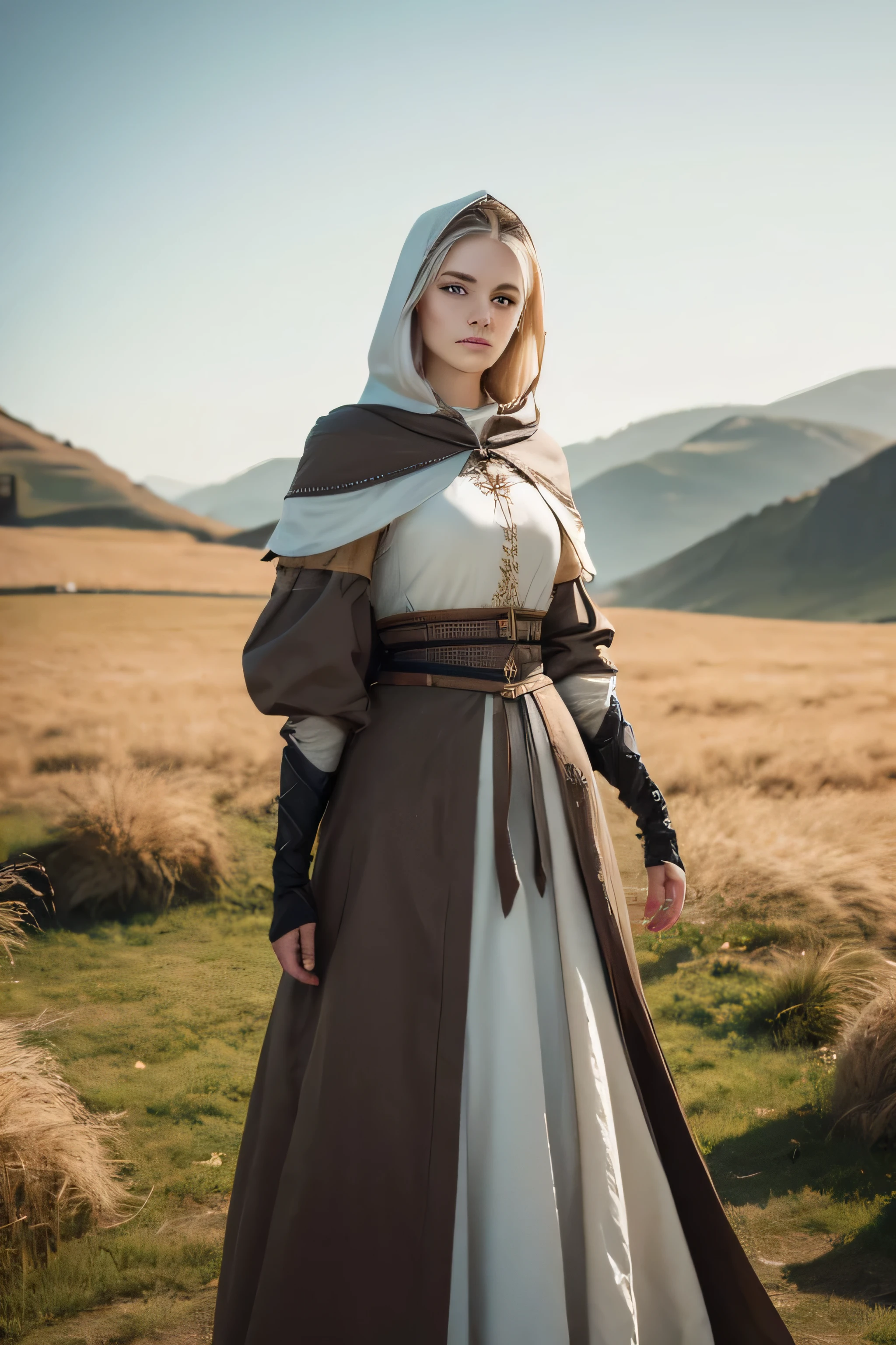 1 medival woman, shoulder length white hair, age 25, wearing gambeson with a hood, open field background, absurdres, high res, ultrasharp, 8K, masterpiece, the image should be of absurd resolution and high detail. It should be ultra-sharp and available in 8K resolution, representing a masterpiece in image quality.