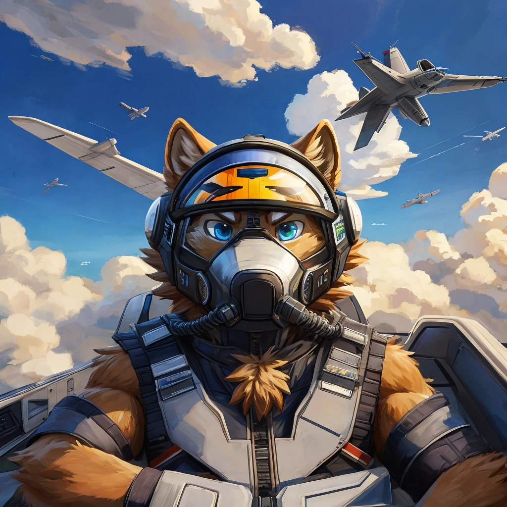 Fighter jet cockpit, front view, furry, art, canine, brown fur, fluffy, fighter pilot helmet, black semitransparent visor on, fighter pilot oxygen mask on, clouds, another fighter jet chasing him behind, flying, cockpit, 