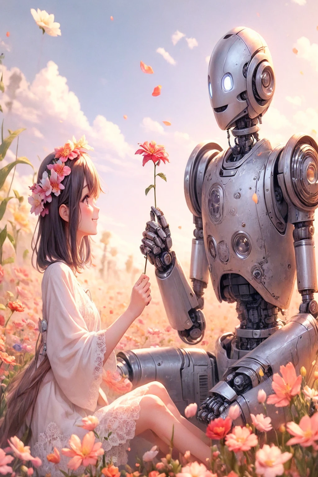 A robot and a smiling person in a flower field, Kind cyborg girl holding flowers, humanoids overgrown with flowers, Alena Aenami and Android Jones, Beeple and Jeremiah Kettner, Mecha aesthetics, Robot Girl, A mix of anime robots and organic matter,  Meet the robot, Robot Sensation, Woman and robot, Beautiful digital art, Friendly robot, cute humanoid robot