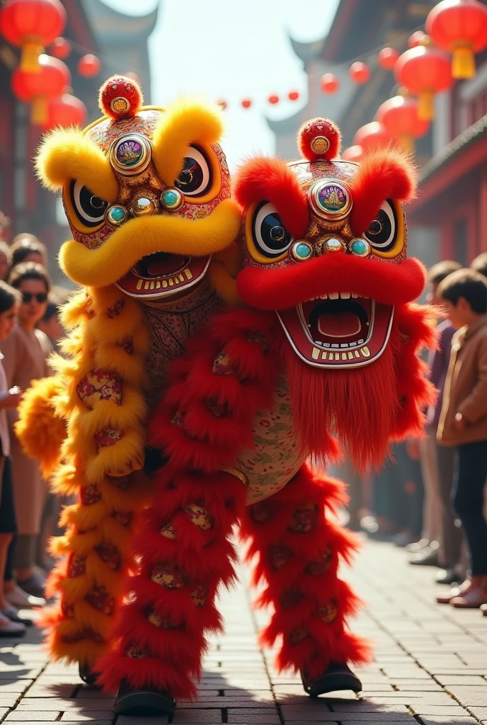 2 lion dances，A lion dance rides on the back of another lion dance with its genitals exposed，The other lion dancer looked surprised.