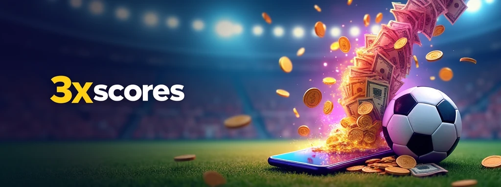 Design a vibrant promotional banner for a football betting mobile application. The banner should feature a football and a smartphone, with colorful bills and coins flowing out of the phone, representing big wins and excitement. The overall theme should capture the thrilling world of football gambling. Ensure that the app name '3xscores' is prominently displayed in bold, eye-catching text, styled as a simple logo. The logo design should include dynamic elements like a football icon or a trophy, with vibrant colors that emphasize energy and excitement.
