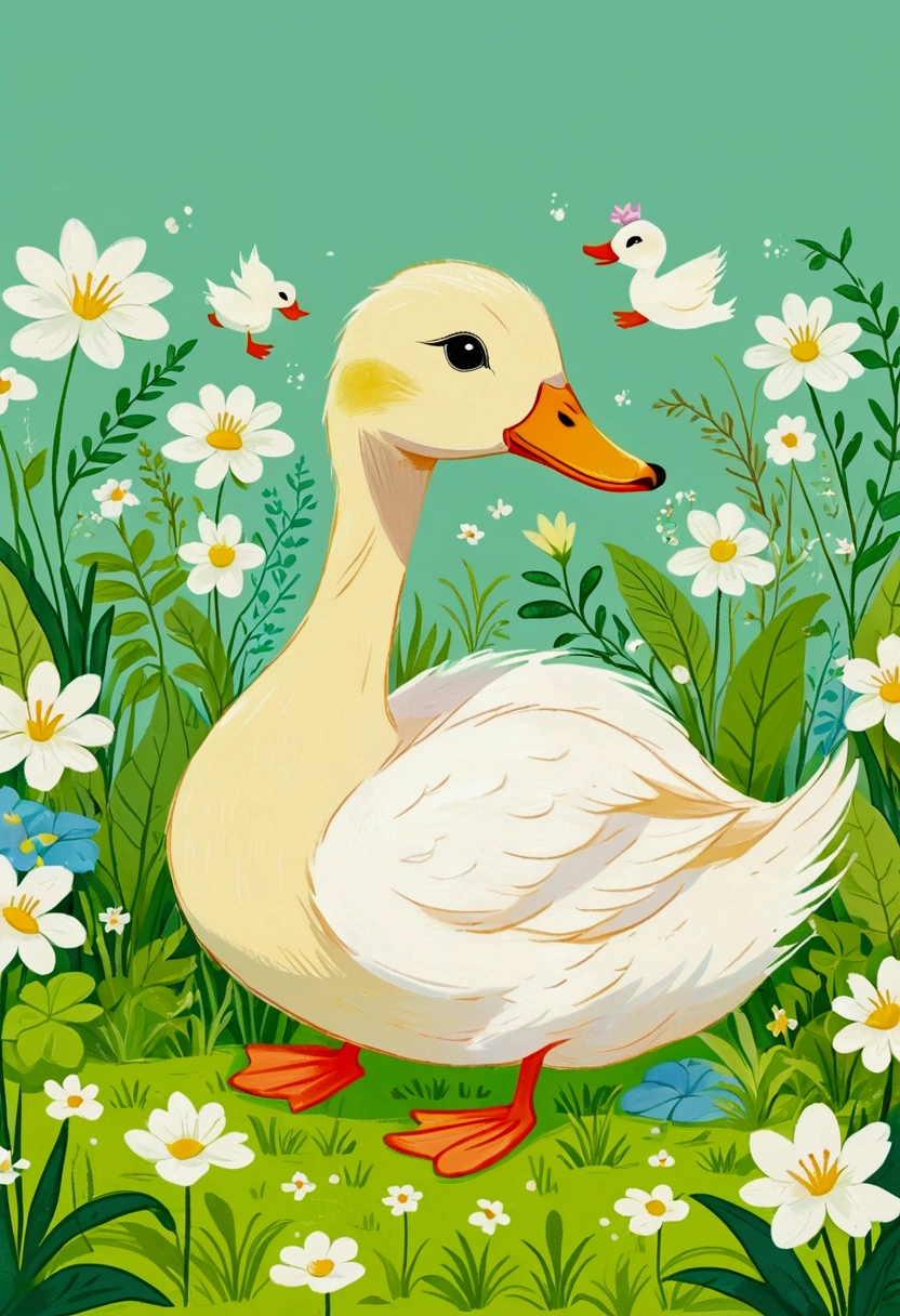Illustration of a little duck with a green patch of grass and plants, Digital Art by Relja Penezic, shutter, Furry Art, ducks and plants, Swan Design, Illustration of a duckling, Drawn in a whimsical style,  Colorfull illustration, Cute illustrations, 