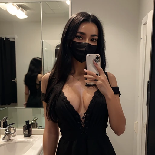 Sexy long black hair girl wearing black face mask and black dress with laces on chest taking a selfie in the mirror