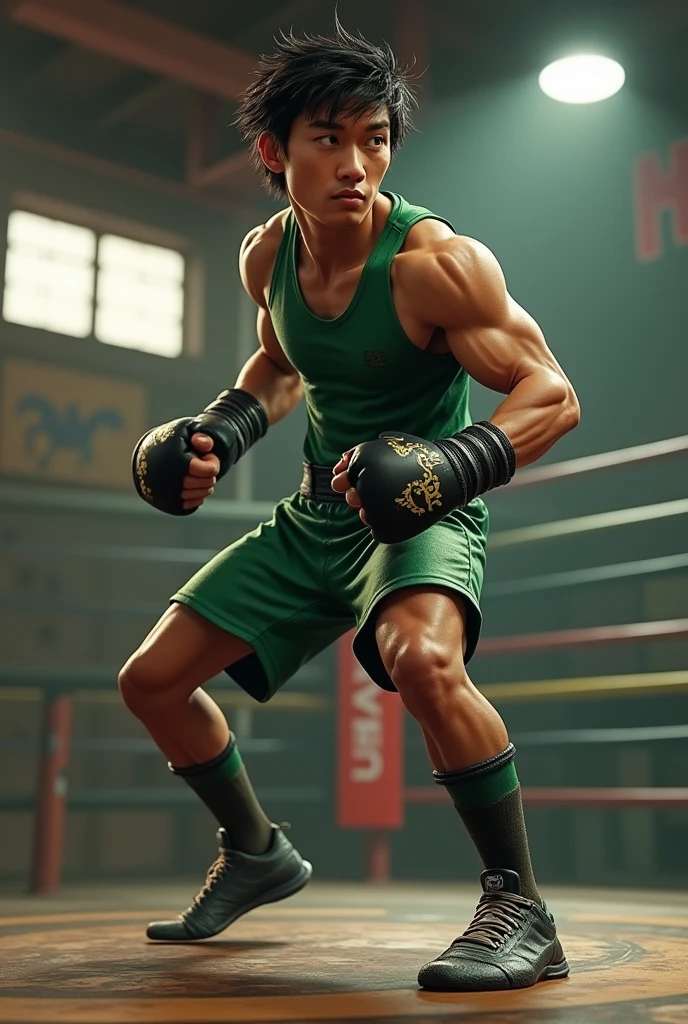 Mexican 20 year old kickboxer wearing green tank too shorts and knee high soccer socks