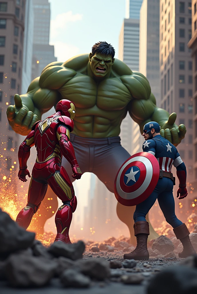 Iron man as the dangerous villian fighting against the hulk and captain America