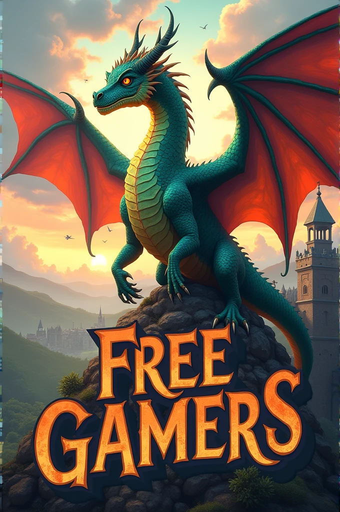 Bucio create an image where you see a medieval dragon with many colors around it , with a phrase in front that says (FREE GAMERS)