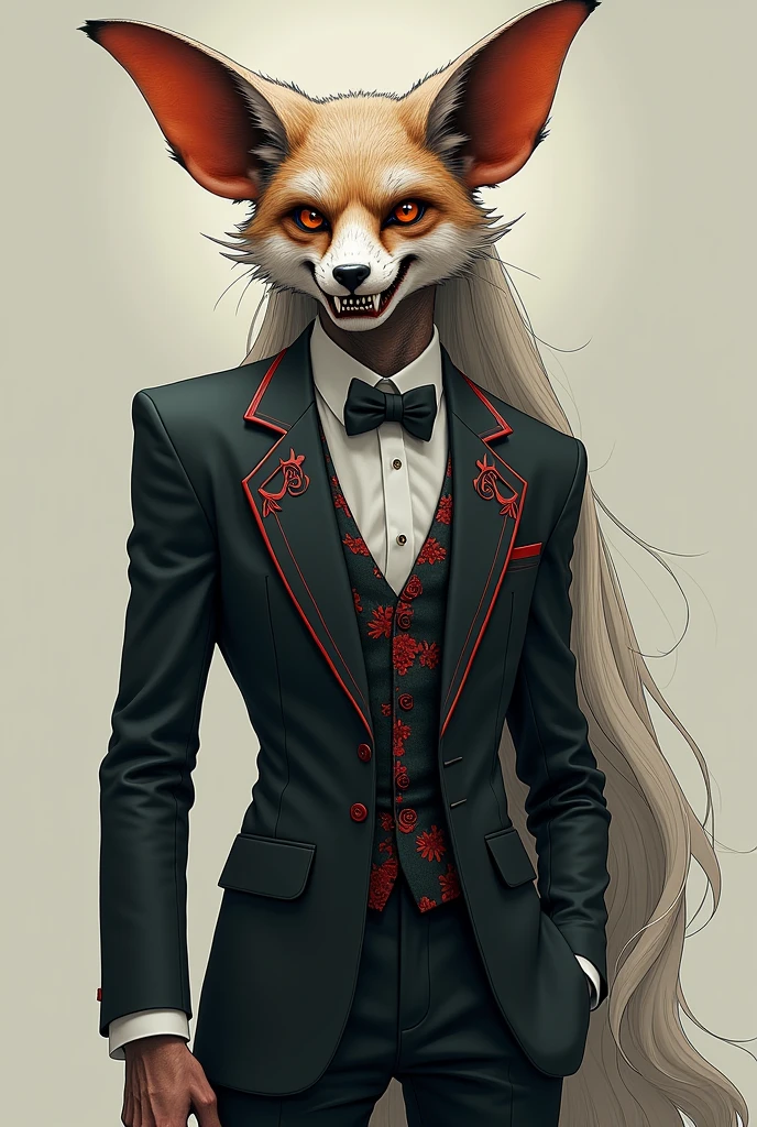 Tall male, bat ears, bat wings, shark tail, fox fur on the cheeks, fox fur on some parts of the body, shark teeth, he's wearing a suit with red paterns, full body picture, long hair


