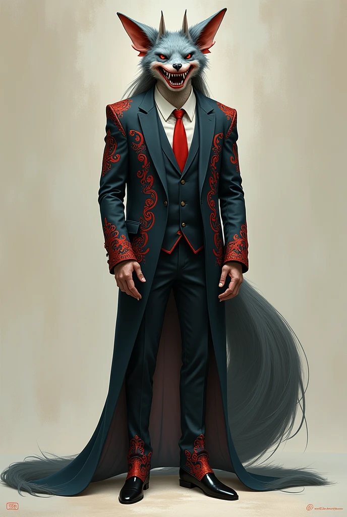Tall male, bat ears, bat wings, shark tail, fox fur on the cheeks, fox fur on some parts of the body, shark teeth, he's wearing a suit with red paterns, full body picture, long hair