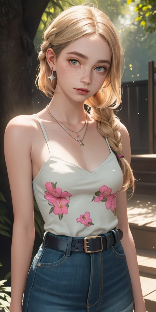 (masterpiece, Best quality), 1 girl, complex parts, Print, earrings, freckles, upper body, hips, dappled sunlight, blonde, from the shoulder, High-waisted Skirt, necklace, I look at the viewer, french braid, bang, neckline in clothes, Shine, particles, sliding belt,