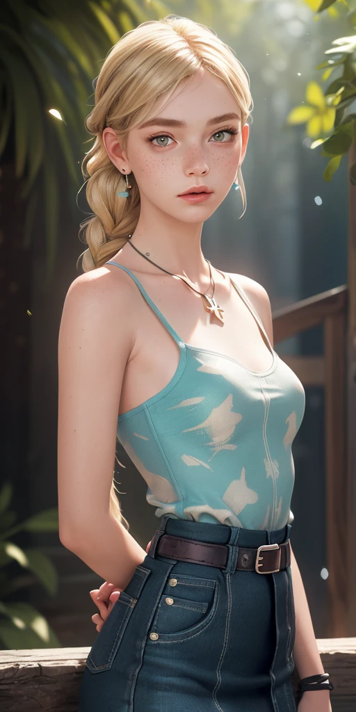 (masterpiece, Best quality), 1 girl, complex parts, Print, earrings, freckles, upper body, hips, dappled sunlight, blonde, from the shoulder, High-waisted Skirt, necklace, I look at the viewer, french braid, bang, neckline in clothes, Shine, particles, sliding belt,