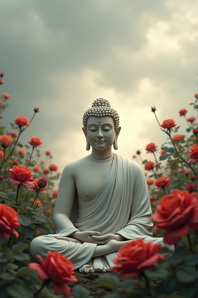 Buddha sit on rose weather is cloudy