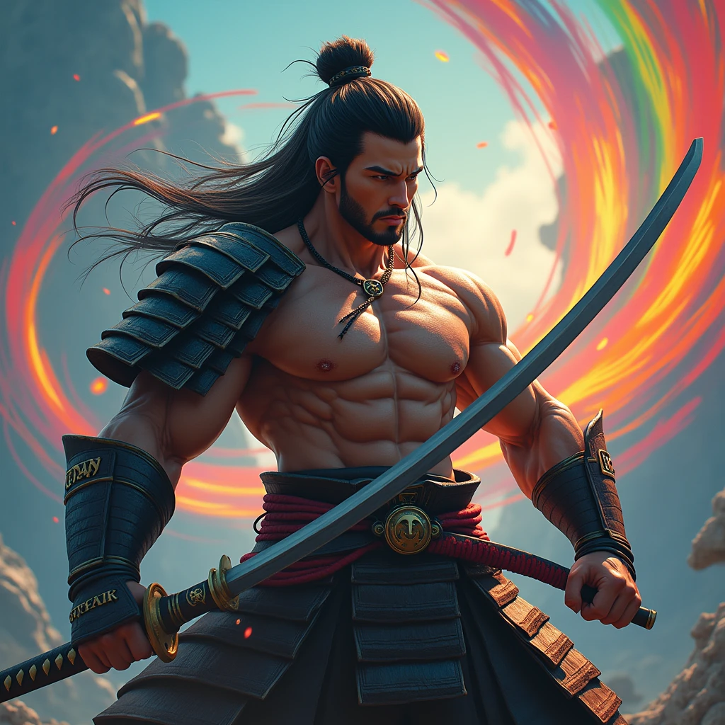 Pour créer l'image réaliste comme une photographie, imaginez un guerrier , vêtu d'une armure de samouraï torse nu. Il tient un katana japonai. Autour de lui, des arc-en-ciel tourbillonnent qui accentuent sa présence unique et farouche. L'arrière-plan contient son nom " Grey ", ajoutant une touche mystérieuse à l'ensemble de l'image. Cette composition évoque à la fois la force et la singularité de ce personnage fascinant.
