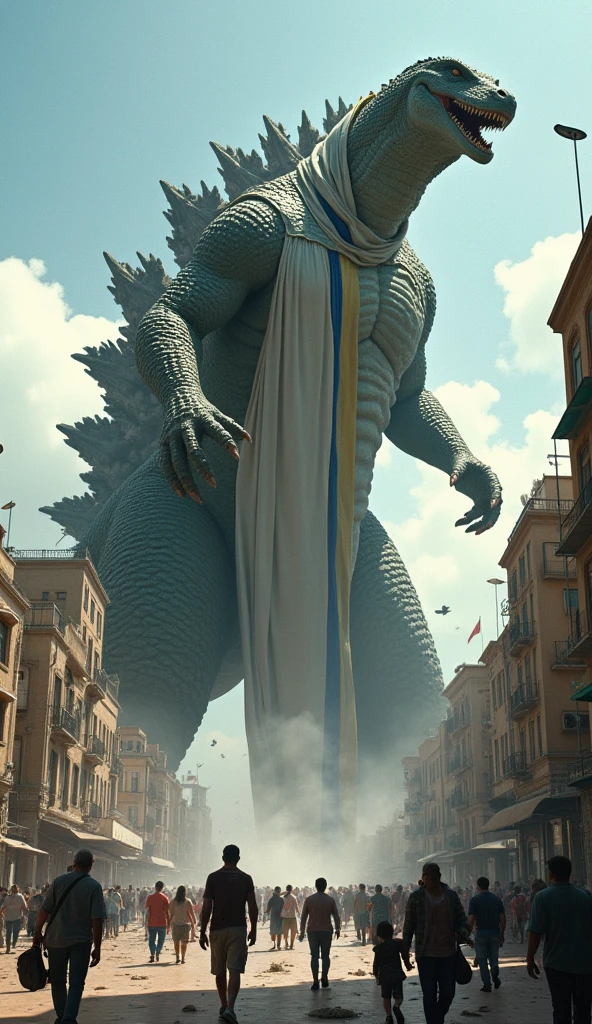 Make me a realistic photo of a giant Godzilla, dressed in Israeli clothes, in the middle of a city, attacking humans