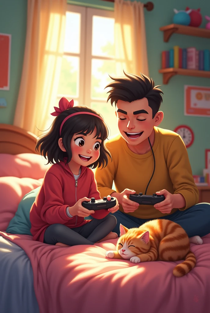 Girl playing video games with her dad and cat in her room