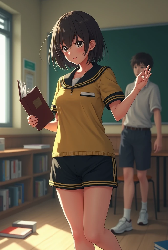 (photorealism:1.2), girl with almost short hair wearing a yellow short-sleeved uniform shirt with black stripes on the shoulders and black mini shorts with yellow stripes on the sides and made of synthetic material and her books fall and a boy comes and spanks her