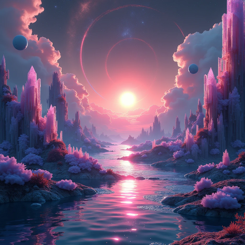  In a distant universe, an extraordinary planet glows with surreal beauty. Its surface is covered in translucent, crystalline material that reflects light from a nearby star, creating a spectrum of vibrant colors that cascade across the planet. The highest regions of the planet are formed by giant, transparent crystals that rise like mountains, their faceted surfaces refracting starlight into a dazzling array of hues.

Across the surface, there are vast oceans, but instead of water, they consist of a liquid metallic substance that shimmers with a silver sheen, flowing gently like mercury. Scattered across these metallic oceans are floating islands made of a matte black material, providing a stark contrast to the bright waters and crystal structures. These islands are adorned with exotic flora that emits a soft, glowing light, adding green and blue luminescence to the environment.

The planet’s sky is a canvas of cosmic marvels, featuring clouds of colorful gases in deep purples and blues, and planetary rings composed of shimmering particles and cosmic dust slowly orbiting the planet. The nearby star is large and radiant, casting a warm glow that highlights the texture of the crystals and the brilliance of the metallic oceans.