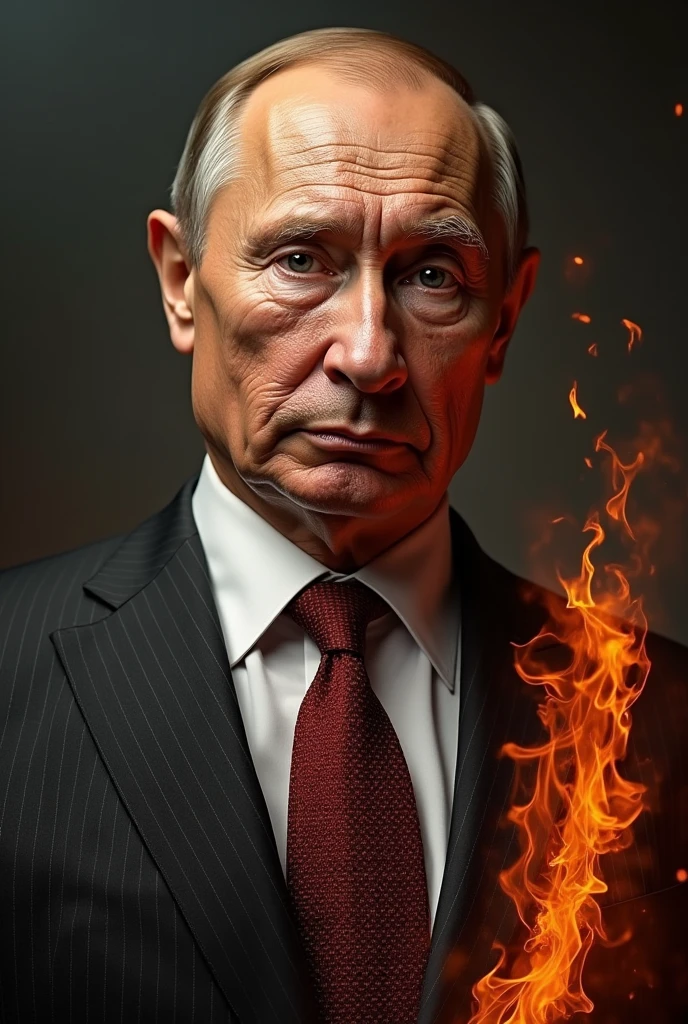 (Putin AND demon with horns covered with fire), against the background of Russia, post-apocalypse, destroyed city