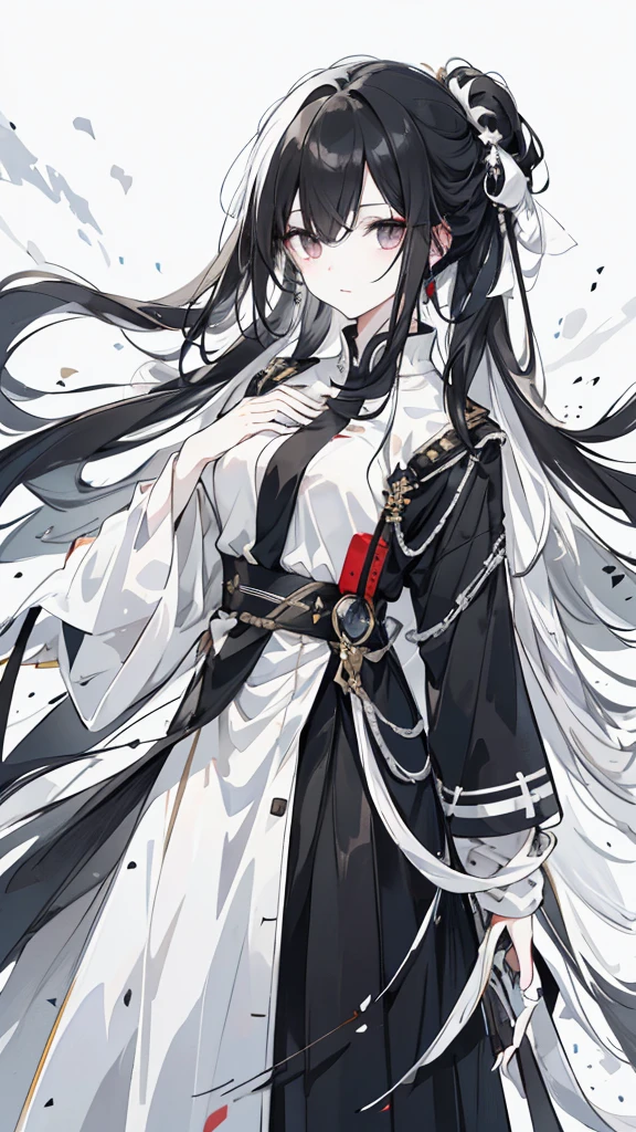 wagtail,Long black hair,Hair tips are white,Different colored eyes,The eyes are different color,The left eye is black,Right eye is silver,White military uniform with black decoration