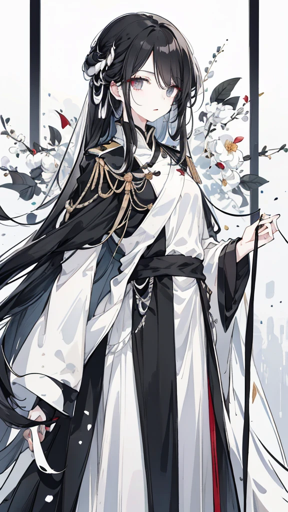 wagtail,Long black hair,Hair tips are white,Different colored eyes,The eyes are different color,The left eye is black,Right eye is silver,White military uniform with black decoration
