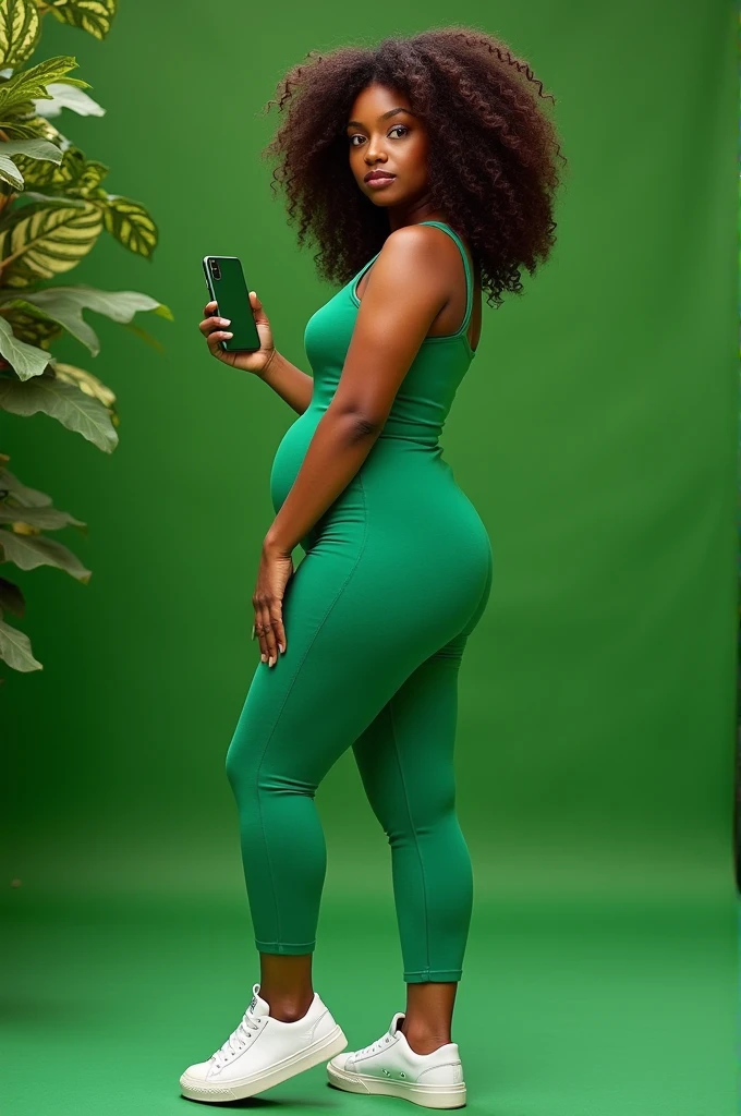 ,big fit ass,slim,darkskin, curly hair,eyes browns, green jumpsuit,White sneakers,green phone, green scenery
