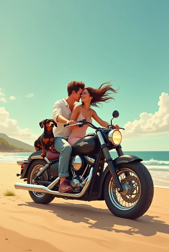 A couple, a motorcycle, a dachshund dog, a beach 