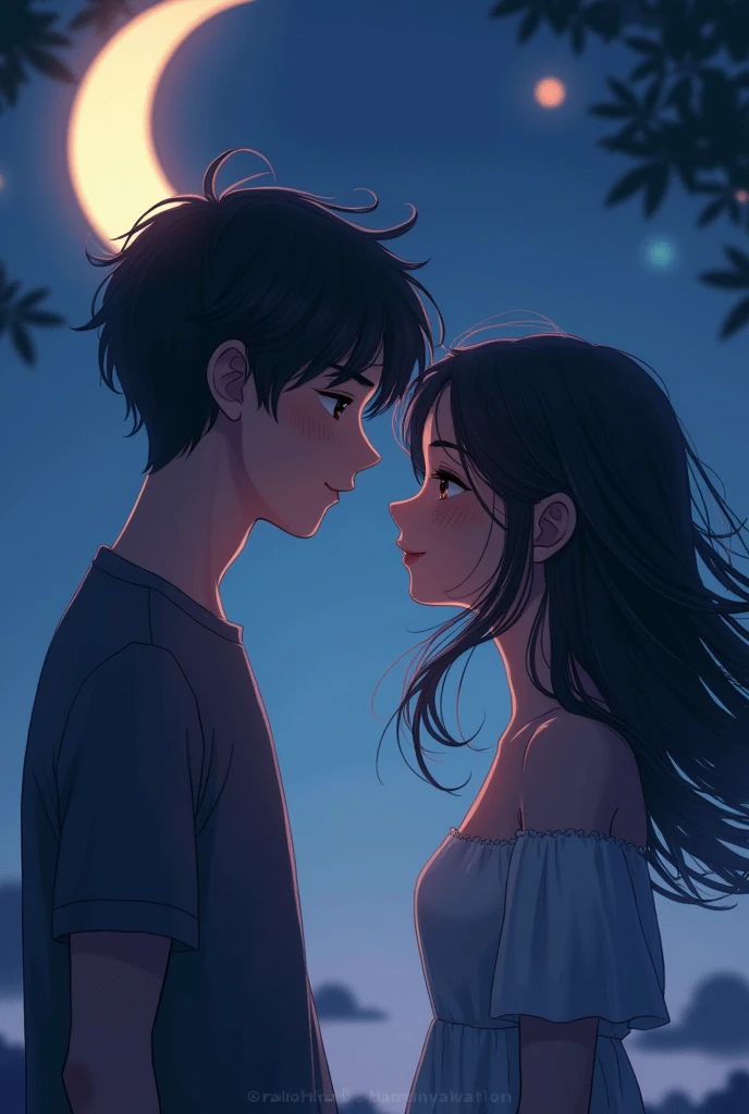 ek ladka or ladki sath me ek dusare k samne khade huye hai or ladki ka baal bikhre huye or balo ki late us k chehare pe bikhre huye or balo ki late se khelte huye najar niche jhuka k ek tarfa dekhte huye or badi si smile k sath or background me raat k samay hai or uper se chand chamak raha hai or ladki baalo ki lato ke sath khelte huye raste se jaa rahi hai