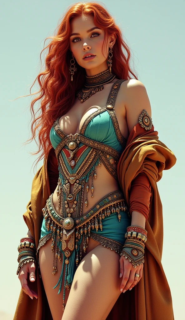Arafed, a 2 Caucasian female, light violet eye color, extra long reddish hair with curls, wearing a colorful dress and shawl, standing, dressed in an elegant tribal costume, tribal clothing, Sukhothai costume, tribal style, Lam Manh style, traditional beauty, mix between tribal and high-tech, inspired by Dai Xi, inspired by Gao Kegong, inspired by Jin Nong, traditional clothing, complex costume, traditional clothing, big breasts, contoured waist, buttocks: 1.4, thick thighs, full hd, 16k