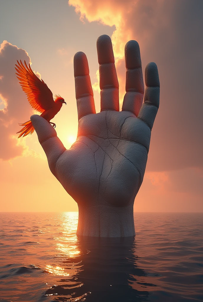 A stunning scene of a colossal stone hand emerging from the center of the ocean, It resembles a rugged mountain. The hand is huge, with fingers extended, and the texture is detailed with cracks and rough surfaces, Like an ancient rock. A majestic phoenix at the center of the scene , with fire red and gold feathers, It gracefully rests on one of the fingers, with its wings partially extended, adding a sense of life and myth to the scene. Sunlight from a dramatic sunset filters through the gaps between your fingers, projecting golden rays onto the water and creating an impressive contrast of light and shadow. The ocean around the hand is calm but thoughtful, Capturing the colors of the sunset. The sky is filled with warm shades of orange, rosa, and purple, adding a sense of serenity and wonder to the scene. The overall composition is majestic and inspiring., combining the raw power of nature with surrealism, almost mythical atmosphere.