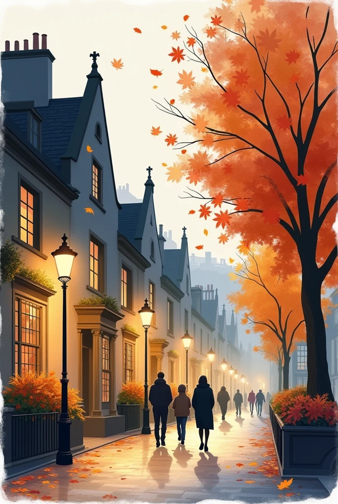 minimalist watercolor art deco print of edinburgh in scotland in autumn evening, cozy street with cozy street lamps with dimmed light, neutral soft color palette, fronts of row of Gothic architecture houses, cozy lights, trees with autumn leaves, autumn plants, autumn decorations, people