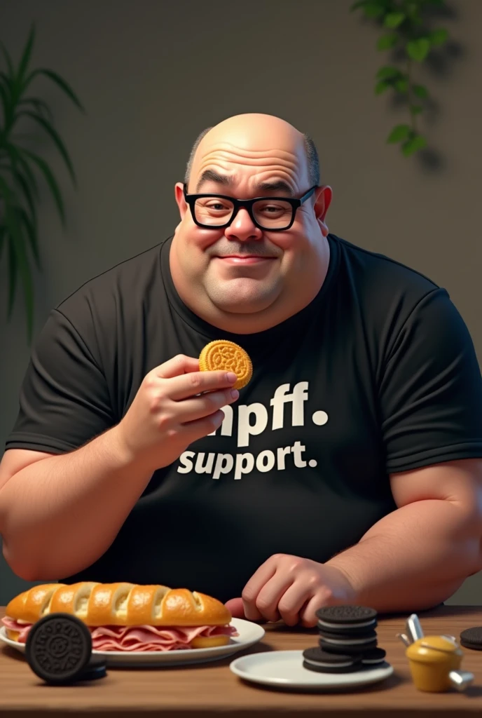 white male, baldie, fatter, cheeky, wrinkled face, Large belly, with glasses, eating baguette bread with ham with several Oreo cookies on a table, wearing a black shirt with the word written on it "MPF SUPPORT" written in Portuguese.