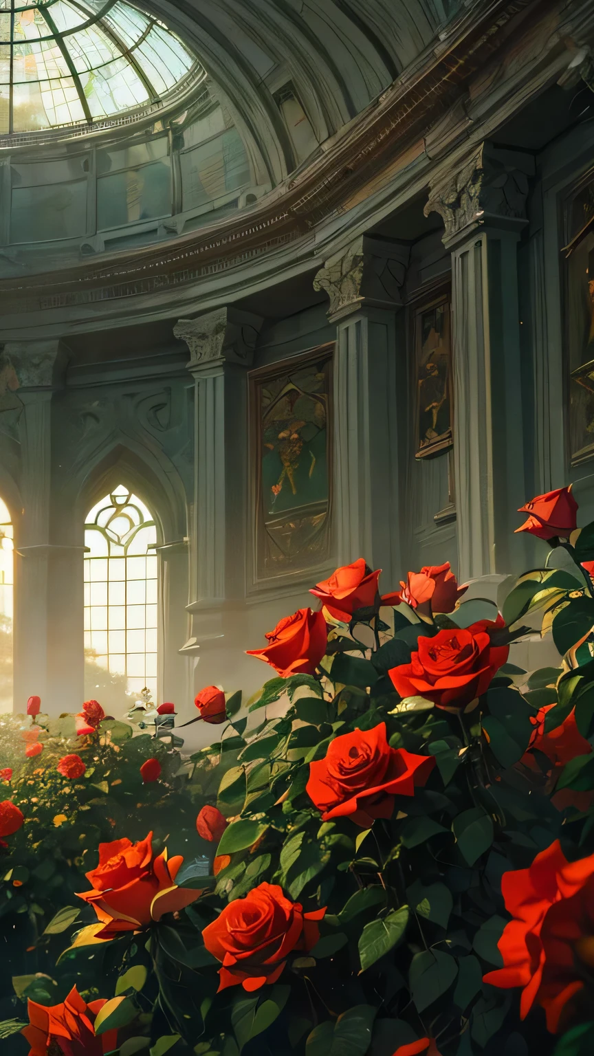 (absurdres, highres, ultra detailed, HDR), best angle, (((environment))), masterpiece, intricate, best quality, detailed, dark, glowing, dramatic lighting, roses, inside of green house, rose garden, nature