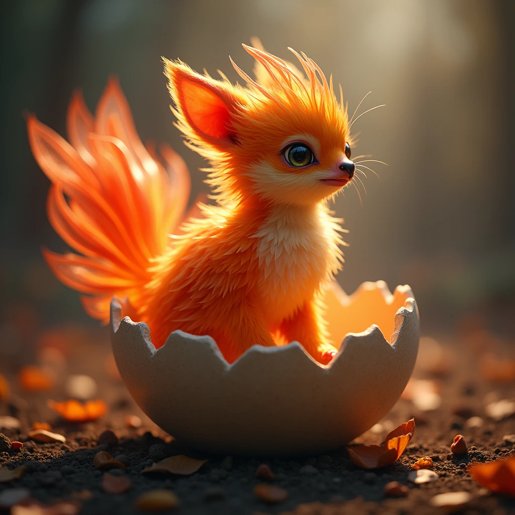 A mythical phoenix cub hatched from a huge egg. Beautiful cinematic lighting, surreal, color graded, dynamic movement, captivating chiaroscuro, (special effects:0.1), full body, award-winning, cinematic still, emotional, vignette, dynamic, vivid, (masterpiece, best quality, photorealistic, Professional, perfect composition, very aesthetic, absurdres, ultra-detailed, intricate details:1.3)