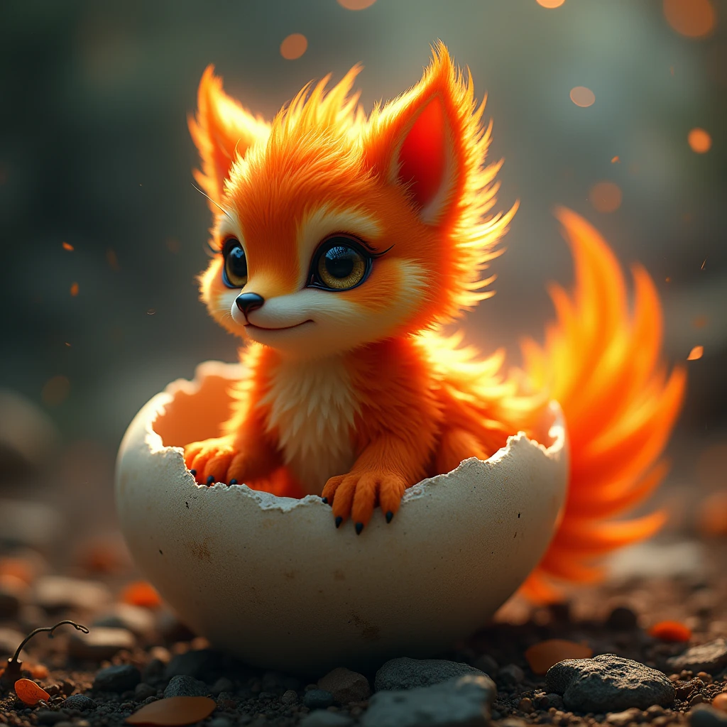 A mythical phoenix cub hatched from a huge egg. Beautiful cinematic lighting, surreal, color graded, dynamic movement, captivating chiaroscuro, (special effects:0.1), full body, award-winning, cinematic still, emotional, vignette, dynamic, vivid, (masterpiece, best quality, photorealistic, Professional, perfect composition, very aesthetic, absurdres, ultra-detailed, intricate details:1.3)