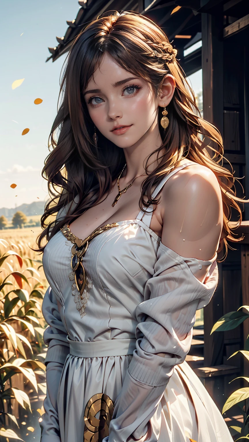 One person, 20-year-old, Tall and attractive, Wearing a cute country dress, Braided hair, Standing on a rural farm. She's gentle, A kind smile and expressive eyes. A charming barn can be seen in the background., Golden wheat fields and clear blue skies. The composition should be bathed in warm golden hour light., The soft depth of field and soft bokeh accentuate the idyllic tranquility.. Capture images that look like they were shot on vintage 35mm film for added impact, movie,