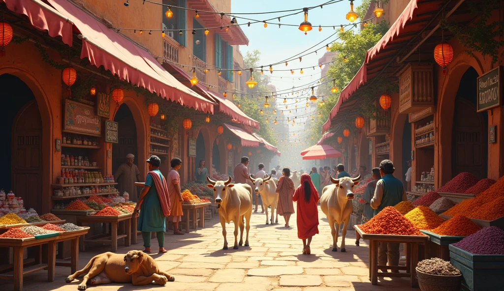 Bustling Indian Market: A vibrant marketplace with stalls selling colorful spices, fruits, and traditional Indian wear. The area is filled with lively characters bargaining, cows lounging near vendors, and children running around. The background showcases narrow lanes, hanging fairy lights, and hand-painted signboards.