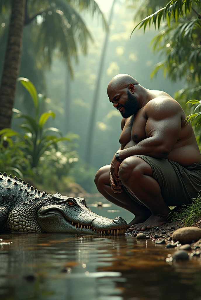 A fat black man and a fat crocodile drink water in a humid forest.