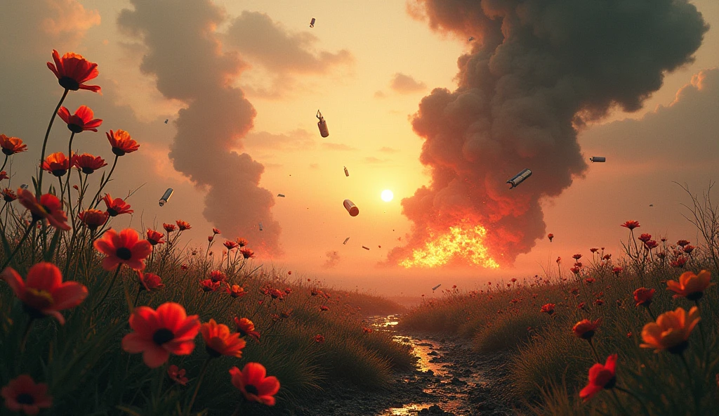 2024; (masterpiece, best quality) flowers on the ground; bombs falling from the sky.; fire around.