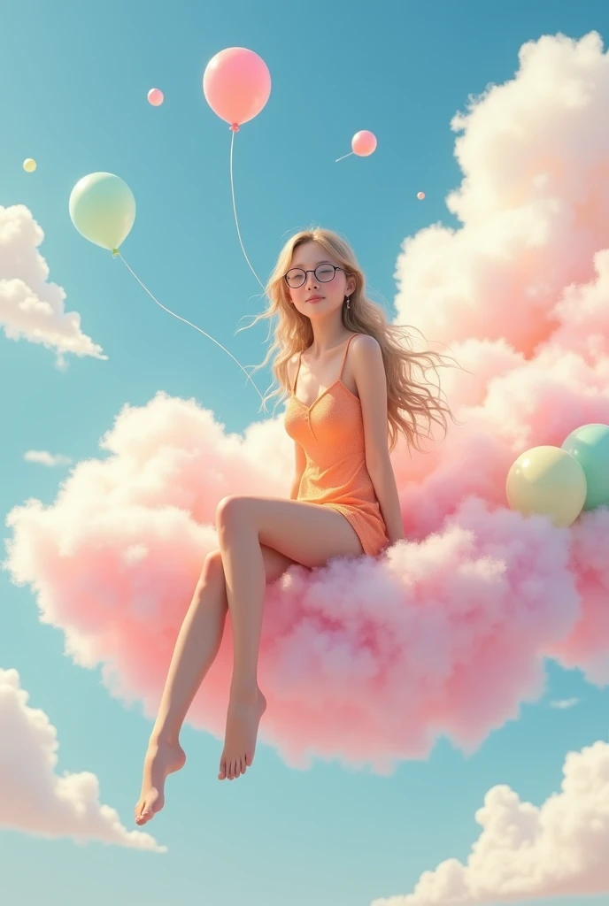 A Hyper realistic of a beautiful japanese girl, blond long wavy hair, black round glasses, slender body, sexy body, wearing pastel orange mini sun dress, beautiful sexy legs, sitting front view and rilex on flying fluffy soft pastel pink cloud that has lots of colorful pastel balloons on it, legs hanging down.
Pastel pink background, she's happy, laughing and enjoying flying with the cloud. Other fluffy soft pastel pink cloud surround it. Photo real, ultra HD, ultra realistic, highly detailed