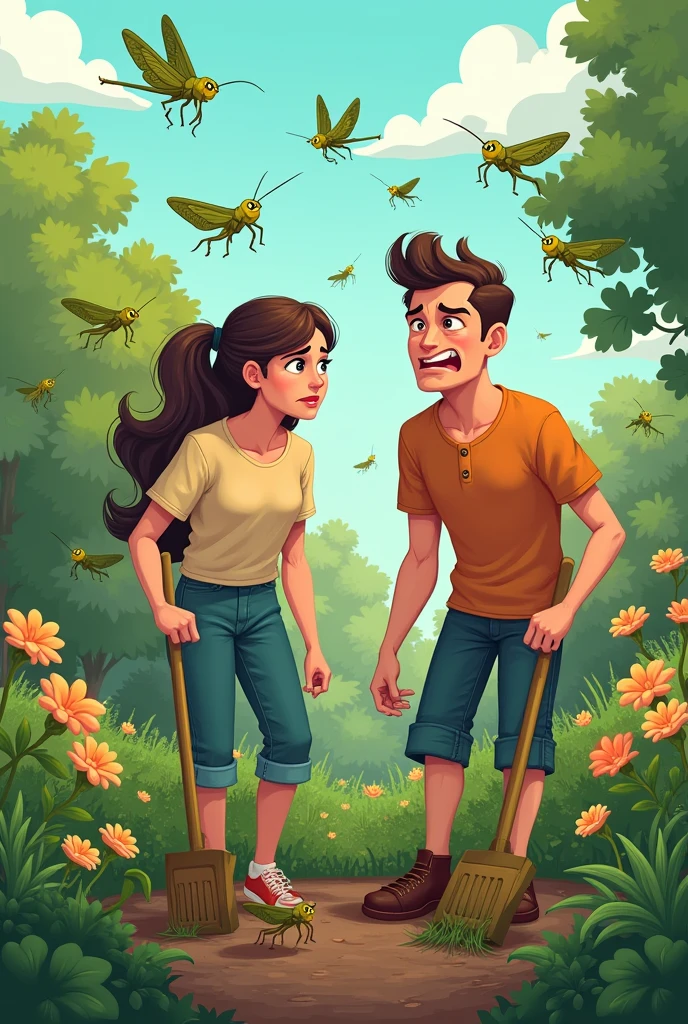 Generate image of a couple, taking care of a garden, but very angry. There are grasshoppers in the garden.