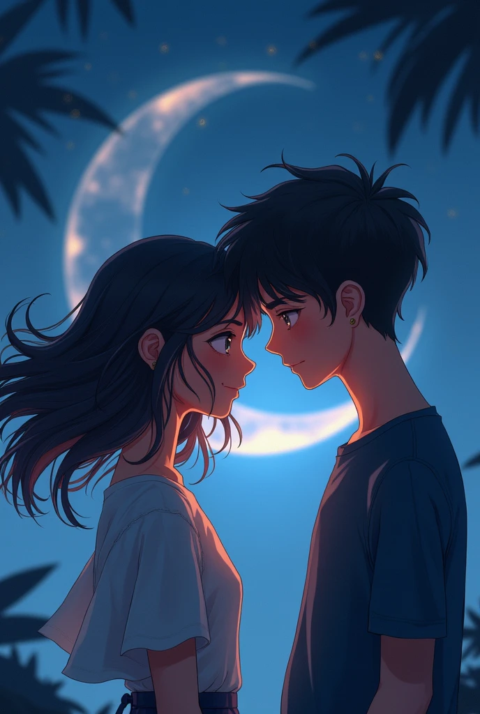 I would like you to make a digital illustrated image, not animated nor real, of a couple in love, young adults 20 years old, On a balcony watching shooting stars of various colors, the girl has white skin, black hair with bangs, Golden eyes. The boy has white skin, pelo negro y Golden eyes, She also has a tattoo of a red rose on her neck.